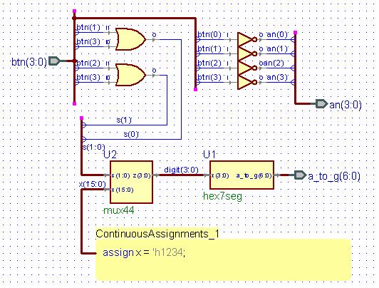 48 Example 10 Figure 10.2 BDE circuit mux7seg.bde for multiplexing the four 7-segment displays The Verilog program created by compiling mux7seg.bde in Fig. 10.1 is equivalent to the Verilog program shown in Listing 10.