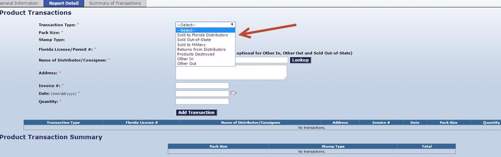 Report Detail Overview In the Report Detail there is a drop down box for Transaction Type.