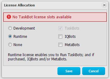 Automation Anywhere Enterprise 74 Installation Guide a. For instance, a Bot Creator role can be allotted a Development license: b. While a Bot Runner role can be allotted a Runtime license: c.