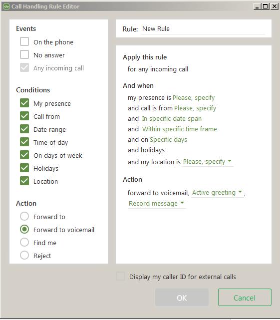 Adding or editing a call handling rule: Rule If you are adding a new rule, enter the rule name that you want associated with the rule. Events Allows you to select which events can trigger the rule.