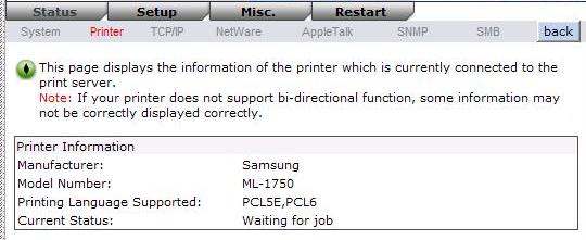 Printer Status 1.Click Status, it then appears the sub-menu. 2.Click Printer, it then as shown in the following picture. Manufacturer: This option allows you to view manufacturer of the printer.