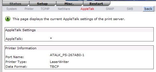AppleTalk Status 1.Click Status, it then appears the sub-menu. 2.Click AppleTalk, it then as shown in the following picture.