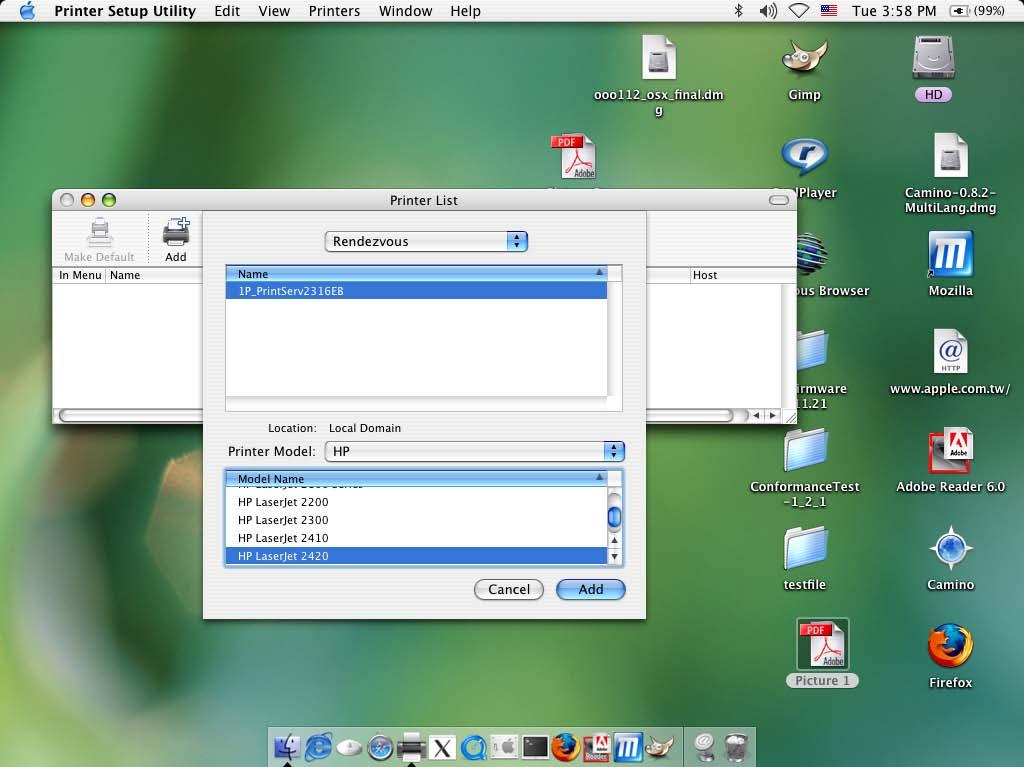 4. Choose "Rendezvous", and then Mac OS will automatically search the print server on the