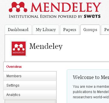 Overview Assuming you are already logged into the Mendeley website, when you browse to your MIE group, you will see four tabs: Overview, Members, Settings and Analytics: Overview is the front page of