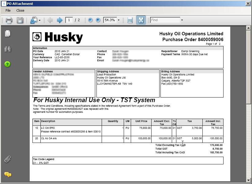 Chapter 1 Getting Started with Purchase Orders The Husky original Purchase Order is displayed in your PDF viewer application.