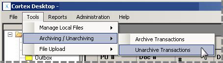 Chapter 4 Service Receipts and Service Receipt Acknowledgements 6 Open the Unarchive window by selecting Archiving/Unarchiving > Unarchive Transactions from the Tools menu.