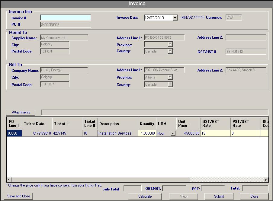Chapter 5 Invoicing Services 6 Enter a unique Invoice number. 7 Click the Attachments button if you want to accompany the Invoice with another document.