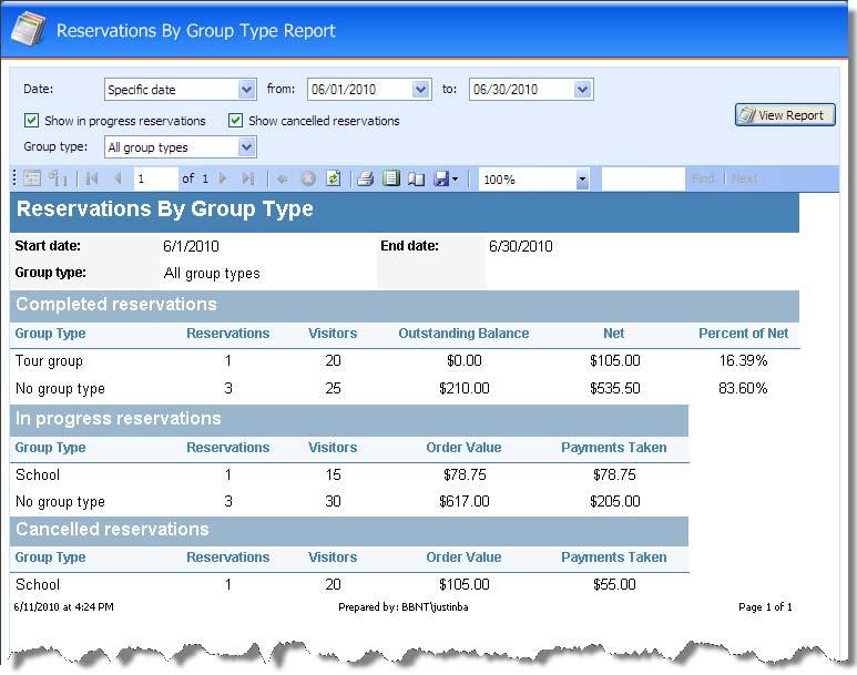 24. CHAPTER 1 To view this report, from the Group Sales page click Reservations by group type report under Reports. The Reservations By Group Type Report page appears.