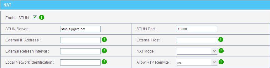 b. NAT The External IP, External Host and Local Network Identification settings are used if you use IPPBX behind a NAT device to communicate with services on the outside.