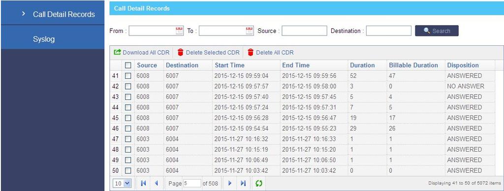 11. Reports 11.1 Call Detail Records Display the Call Detail Records, the operation for it can be search, delete and download.
