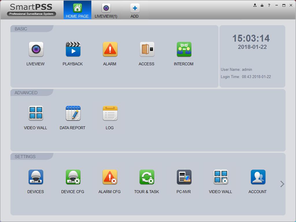 Smart PSS - Home Screen 1. This is the Main Menu for the software; Live View is your first option at the top left.