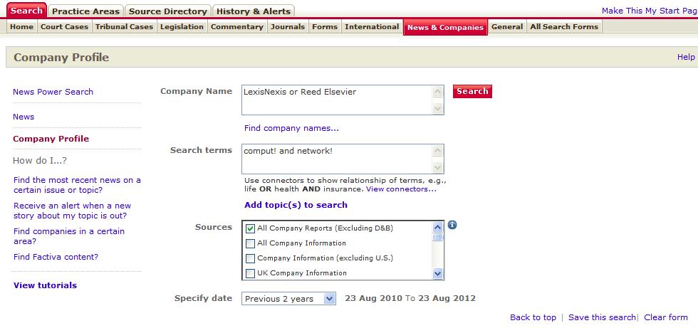 Company Profile Search Located below the News link in the left-hand panel is the Companies Profile link.