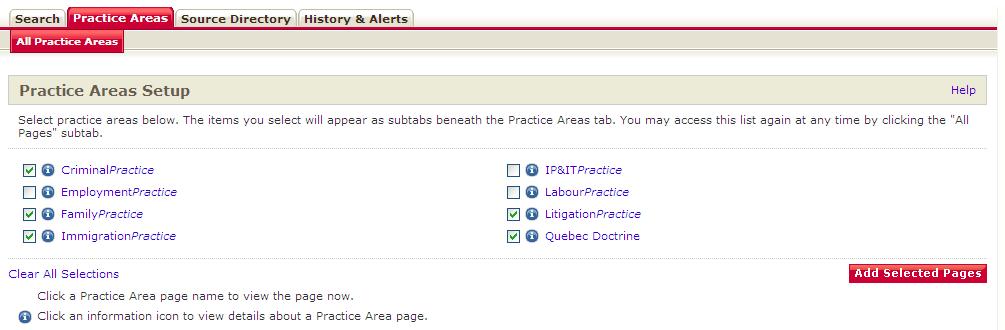 Practice Areas If included in your subscription, Practice Area pages contain the essential secondary and primary material used by a practitioner in a given area of law.