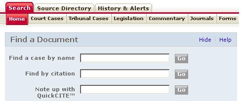 Noting Up a Case If you know the citation of the case, you can quickly note it up using the Find a Document feature under the Home search subtab.