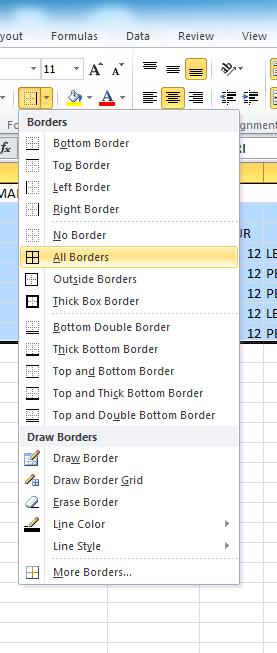 Menetapkan spesifikasi dan mengubahsuai jadual Kemudian klik pada Menu Home > Borders dan pilih > All