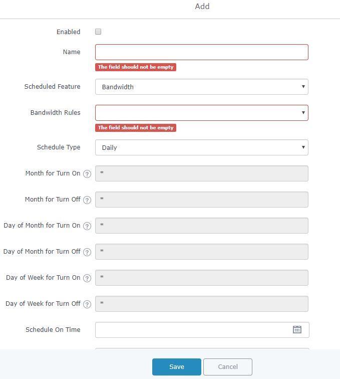 Scheduled bandwidth control or client access control is available now under System Settings Schedule Please be noted that you will need a Bandwidth rule (can be created in