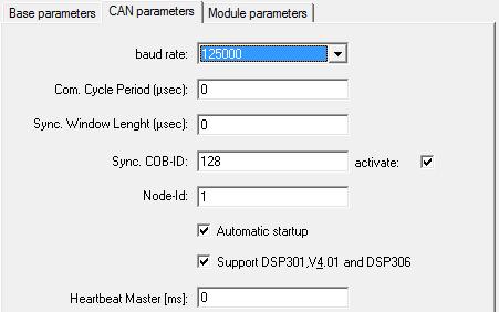 CAN parameters The following figure shows the CAN Parameters tab; it contains all the parameters related to the bus configuration. Element Baud rate Com. Cycle Period Sync. Window Length Sync.