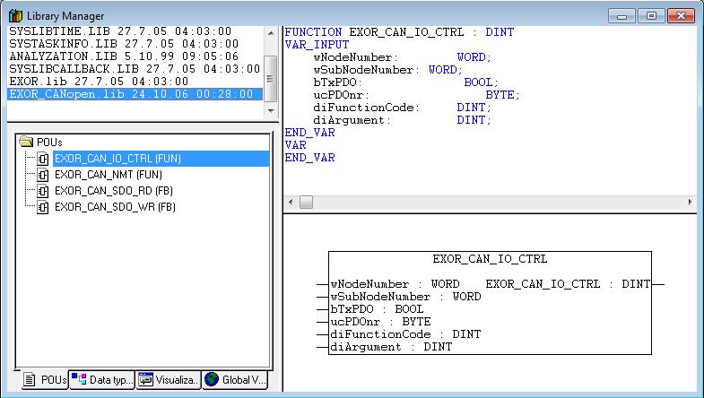 Internal PLC (CODESYS V2) When the CAN Master board is added to project, after first compilation, the library EXOR_CANopen.lib is automatically included, as shown in the following figure.