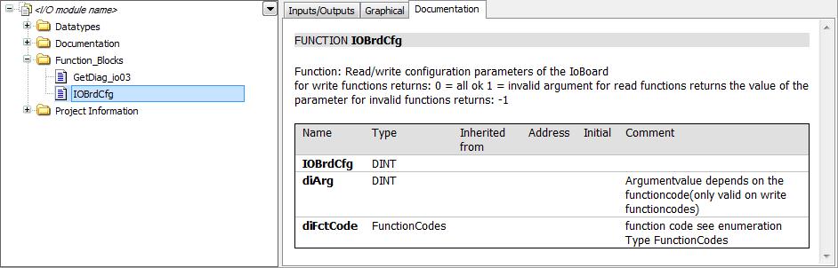 This function block is included in I/O module library and has the following input parameters: Element difctcode diarg Description This parameter is passed to the I/O board; it