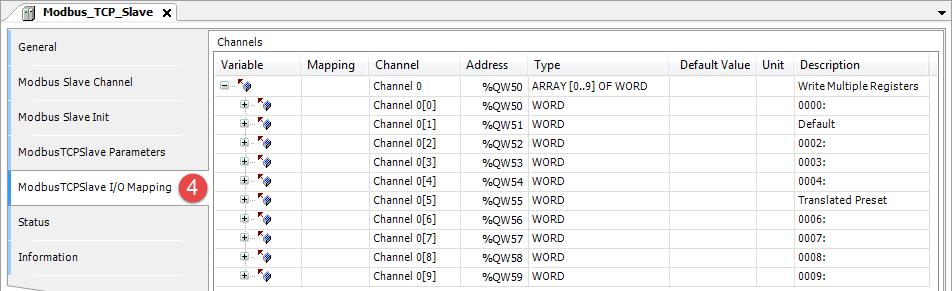 The Mapping shows a list of all Modbus read/write resources in the configured Channels.