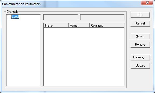Communication Parameters. The first time this dialog is opened, the user will be requested to specify the channel for the connection to the PLC runtime.