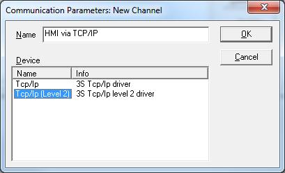 Internal PLC (CODESYS V2) Once confirmed, the new Channel is added to the Channels list into the Communication Parameters dialog.