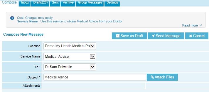 Email your doctor or the practice 1. Under the Service Menu select: E-mail Health Centre 2. Select the Service Name using the drop down arrow, for example email your Doctor 3.
