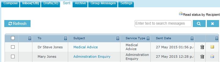 It is possible to check the read status of a message that you have sent to the practice by clicking on the Sent Tab. 4.