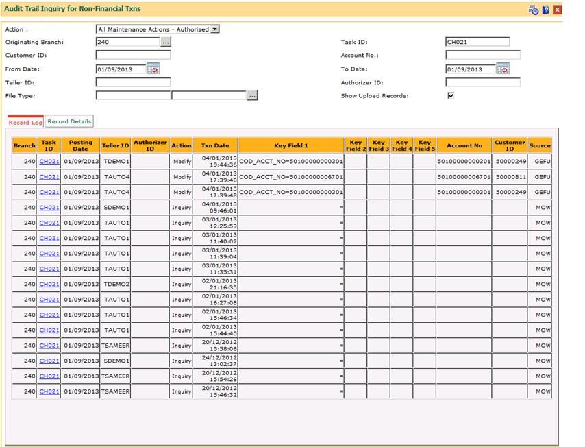 Record Log Field Field Name Branch Task ID Posting Date Teller ID Authorizer ID Action This column displays the originating branch for which the audit trail is required.