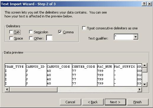 the Text Import Wizard Select