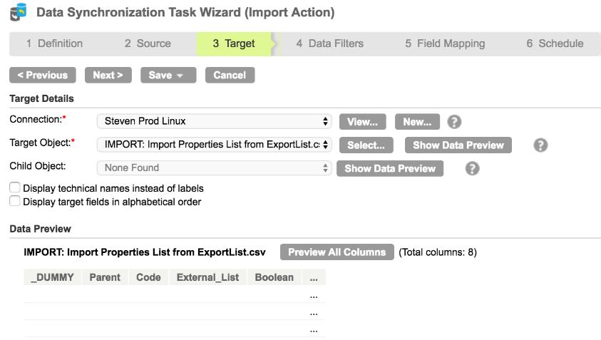 Fig. 10 : Data Syncronisation Task Wizard Import Task Target Details STEP 4: DATA FILTERS 1. Optionally, click New to create data filters and follow the instructions.