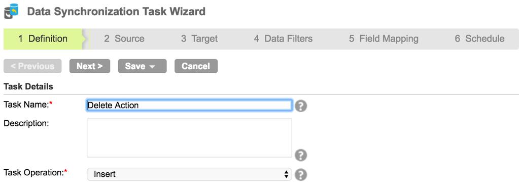 Use the Data Synchronization Task Wizard to create a Delete action. Make sure you have a valid.csv file that contains at least one column and one row of data.