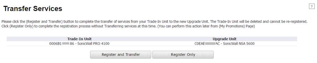 5 The Transfer Services page displays the details for the trade-in.
