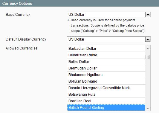 4. CURRENCY SWITCHER To configure Currency Switcher, go to System Configuration Currency Setup Allowed Currencies and select allowed currencies: