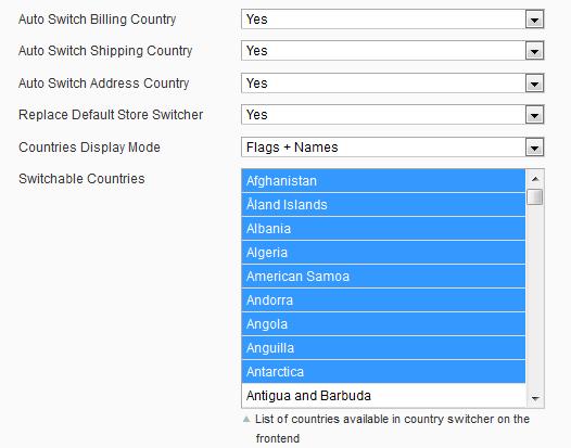Countries Display Mode specifies how the countries should be displayed on the front-end: a country name or a country name + flag.