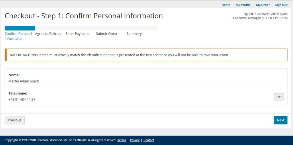 Step 8: You will now be asked to confirm your personal information.