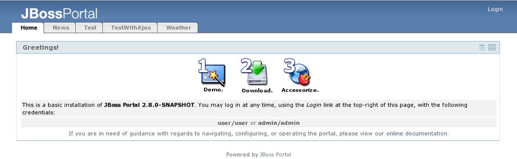 Figure 6. Portal with portlet maximized. 4.2. User Creation Let's create a user for the portal. Click on the "Register" tab in the user portlet.
