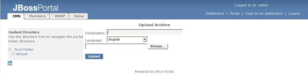 displays (Figure 11). Figure 11. CMS Admin portal page. The content management portlet allows users to create/delete files and folders, edit text/html files, and batch upload files.