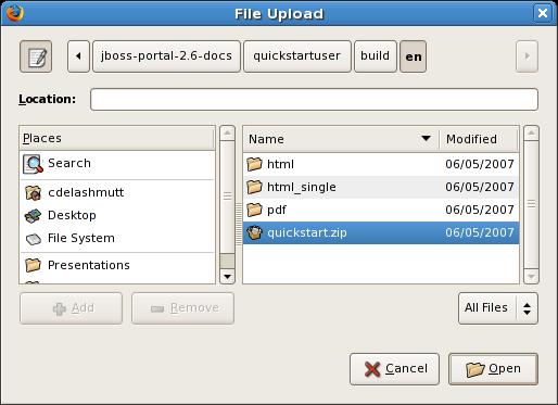 Figure 13. Choose file to batch upload. Click on the quickstart.zip that you downloaded earlier (see note above) and select "Open". Finally, click the "Upload" button. The quickstart.
