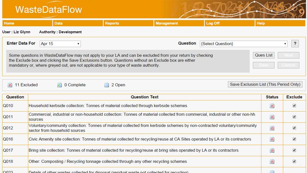 Figure 2. Question management screen The questions displayed on this page will vary depending on your country and authority type.