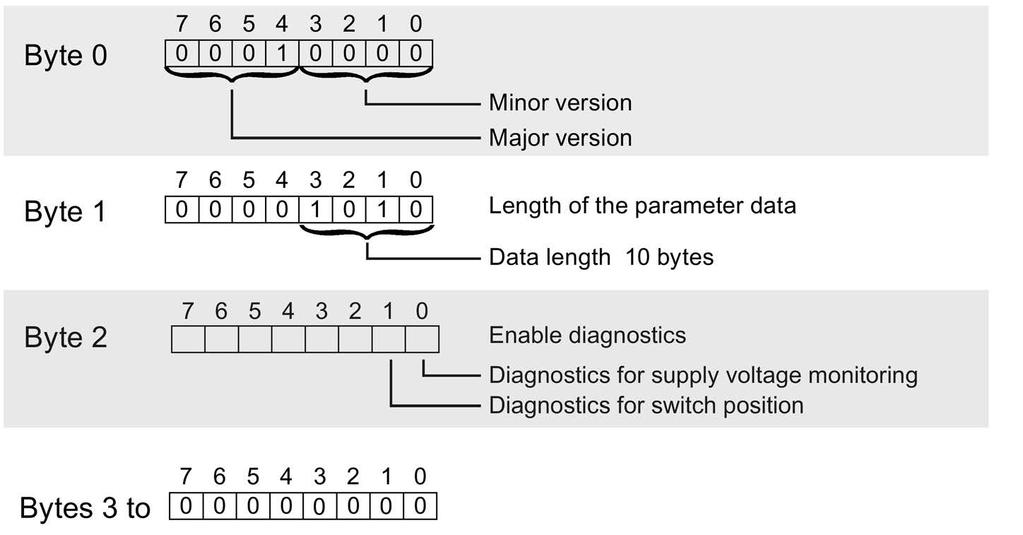 Parameter data record Data record structure The following figure shows the structure of the data record 0. A fixed bit pattern is entered in byte 0.