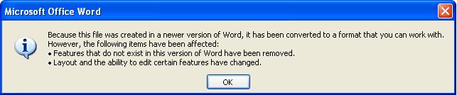 What does this mean to you? 1. For files saved in the new Office 2010 formats, the files cannot be opened directly in an Office 2003 program.