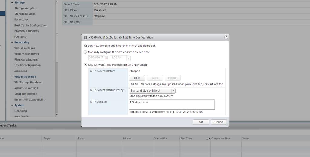 6. In the Edit Time Configuration window: a. Select Use Network Time Protocol. b. Beside NTP Service Status, click Start. c. From Startup Policy, select Start and stop with host. d.