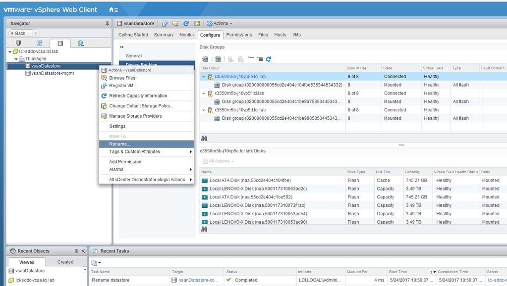 g. In the Navigator pane, under the ThinkAgile data center object, right-click the newly created vsandatastore object, and then select Rename. Figure 39. Renaming the VMware vsan data store h.