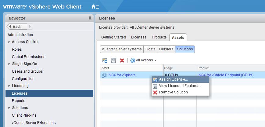 Apply the License 8. Navigate to the Assets tab in the Licenses pane, and then click Solutions. You should see NSX for vsphere listed using the default NSX for vshield Endpoint (CPUs) license. 9.
