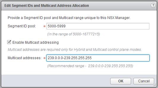 Under the Segment IDs & Multicast Addresses allocation section, click the Edit button. Figure 62. Editing the VXLAN segment IDs and multicast addresses allocation a.