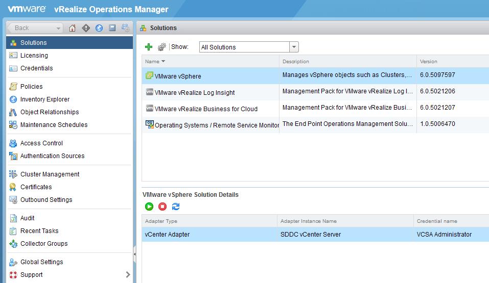 15. Wait a moment for the configuration to be applied, and note the status of the VMware vcenter adapter in the lower pane.