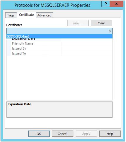 c. In the Protocols for MSSQLSERVER Properties window, select the Certificates tab; from the drop-down menu, select the self-signed certificate created in step 23. Figure 91.