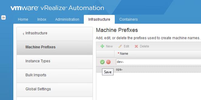 Example of a setting for a VMware vrealize Orchestrator endpoint Configure Machine Prefixes and Groups Next, complete the vrealize Automation setup by configuring the remaining networking settings to