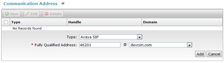 Click New to define a Communication Address for the new SIP user. Enter values for the following required fields: Type: Select Avaya SIP.